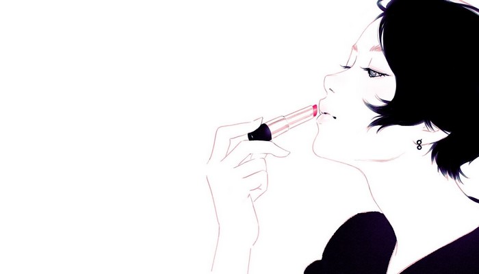 Woman applying lipstick, minimalist artwork