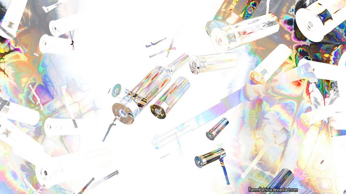 Abstract digital art of shotgun shells and iridescent patterns