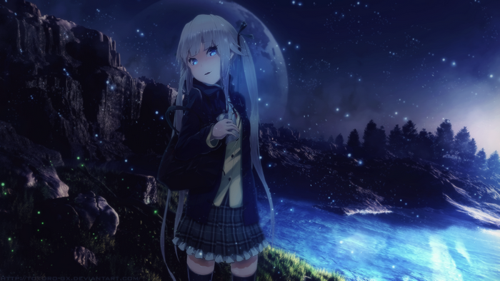 Anime girl by the water at night