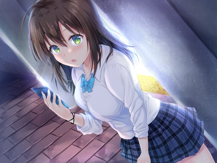 Anime girl in school uniform with smartphone