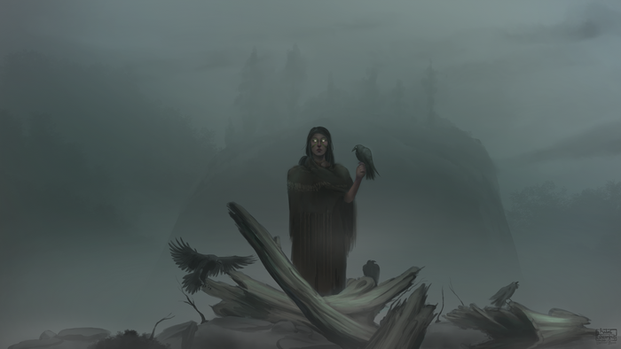 Woman with raven in misty mountains artwork