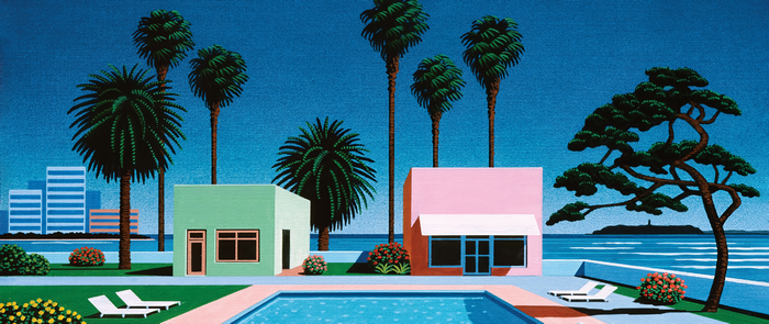 Artwork by Hiroshi Nagai with houses and palm trees