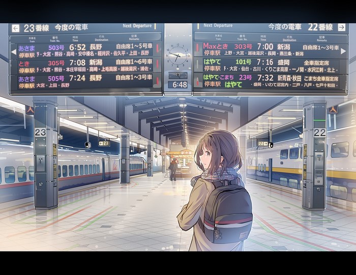 Anime girl at a train station with departure boards