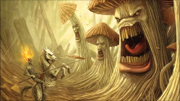 Fantasy art of a knight fighting monstrous mushrooms