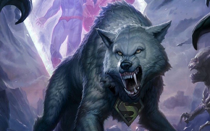Wolf with Superman symbol fighting monsters