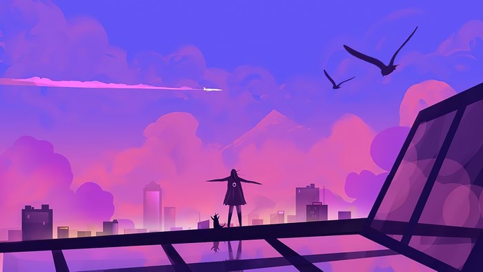 Girl and cat on rooftop overlooking city at sunset with birds and airplane