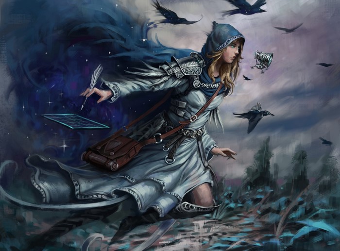 Fantasy woman with quill and magical tablet