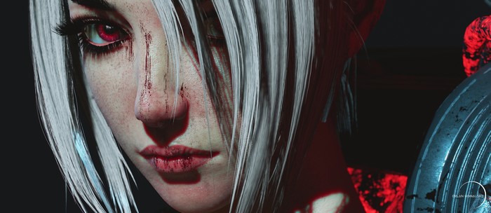 Woman with white hair and red eyes covered in blood