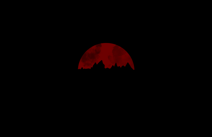 Minimalist artwork of a red moon over a silhouette of mountains