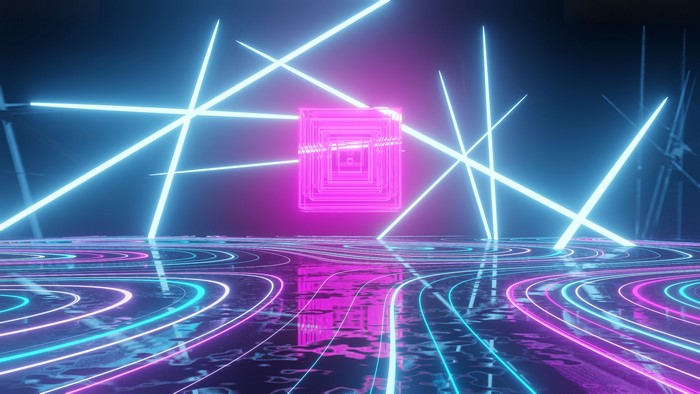Abstract neon cube with glowing lines on reflective surface