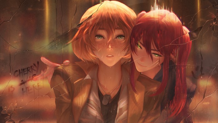 Two anime girls, one with blonde hair and freckles, the other with red hair.