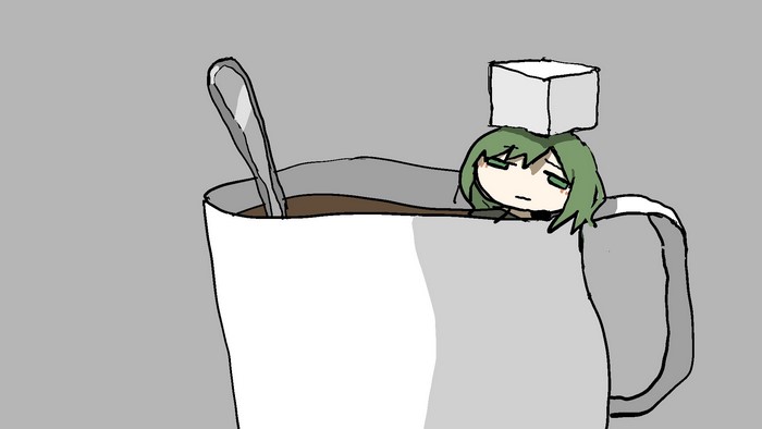 Girl with sugar cube on head in coffee cup