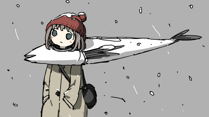 Anime girl with a fish around her neck in snow