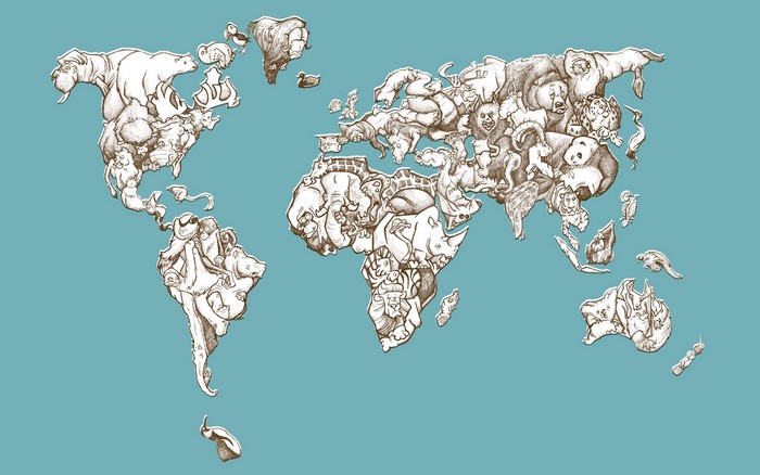 World map illustrated with various animals forming continents