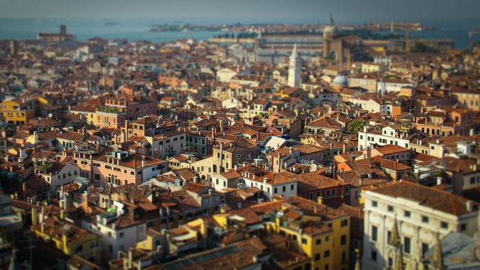 Venice cityscape with rooftops and miniature effect