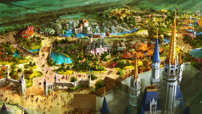 Fantasy castle with towers and amusement park