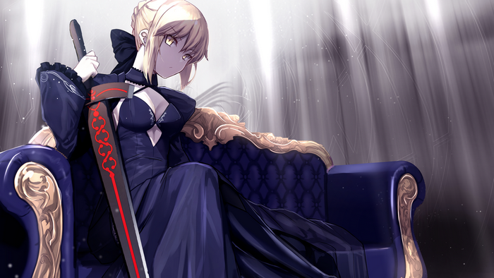 Saber from Fate/stay night sitting on a throne
