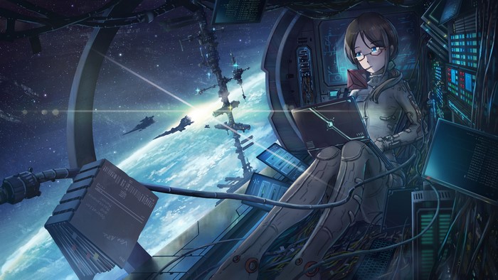 Anime girl in space station overlooking Earth
