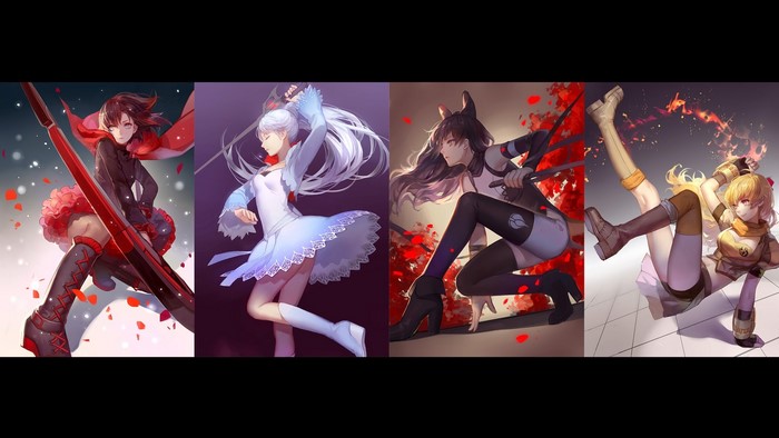 RWBY characters Ruby Rose, Weiss Schnee, Blake Belladonna, and Yang Xiao Long