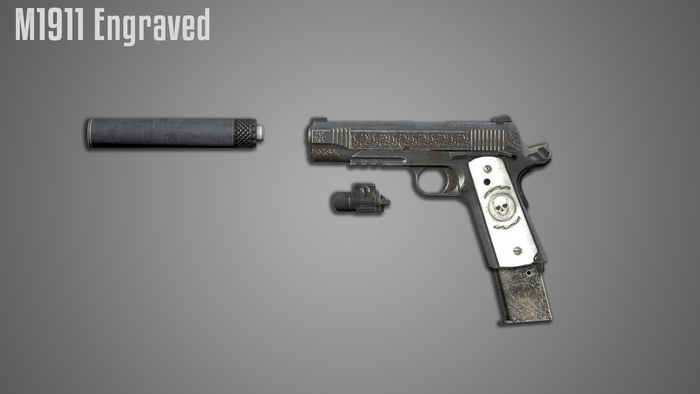 M1911 Engraved pistol with attachments