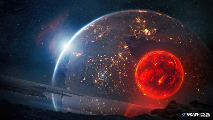 Sci-fi planet with ring and red star