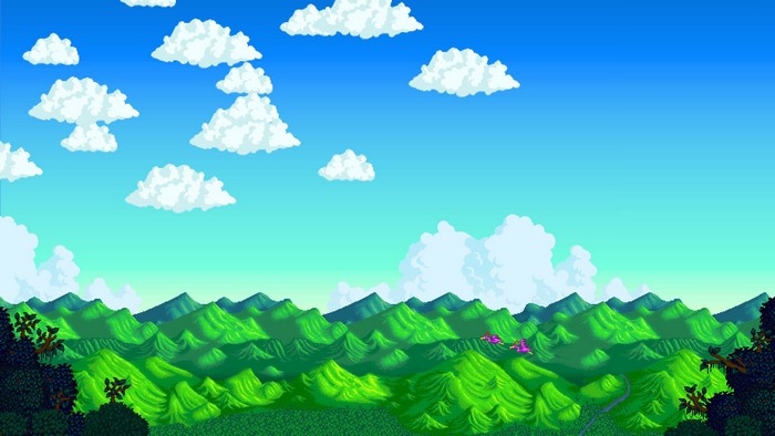 Pixelated landscape with mountains, clouds, and flamingos