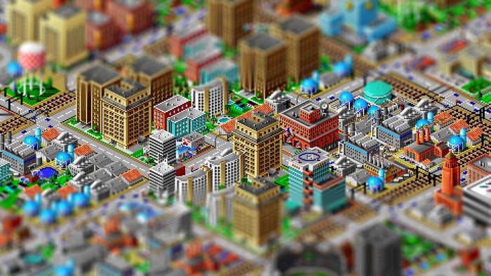 Pixel art cityscape with factories and buildings
