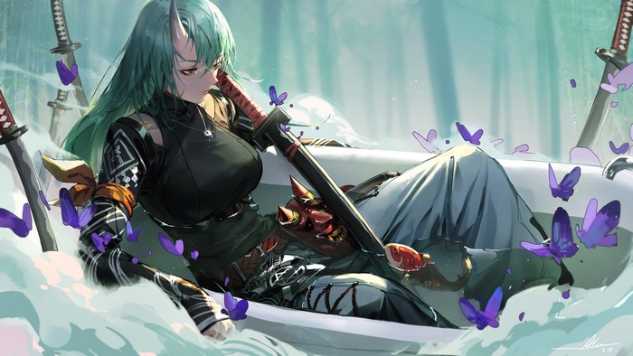 Anime girl with horns and swords in water with butterflies
