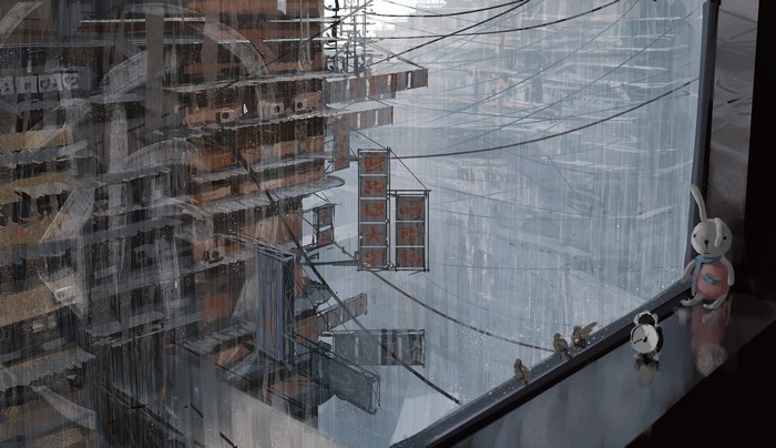 Rainy cityscape with power lines and a stuffed animal