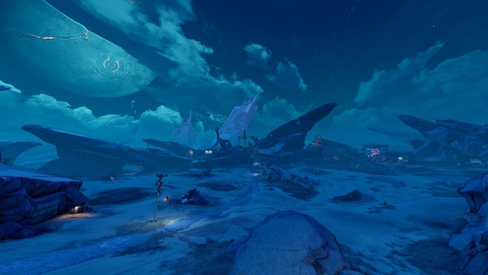 Borderlands 3 night landscape with alien structures