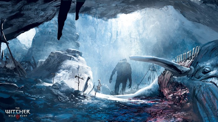 The Witcher 3: Wild Hunt cave scene with giant and carcass
