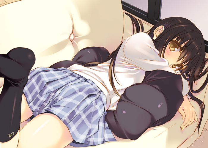 Anime girl in school uniform lying on a couch