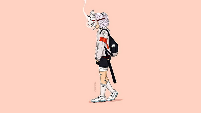 Anime girl with fox mask smoking and wearing Nike