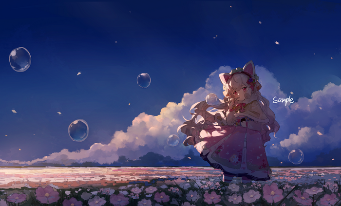 Anime girl with animal ears in a flower field at sunset