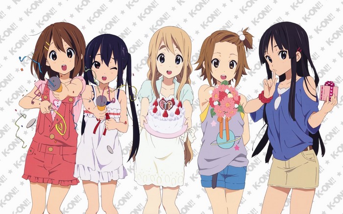 K-ON! girls celebrating with cake and gifts