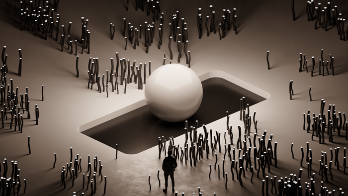 Futuristic scene with a man and a sphere