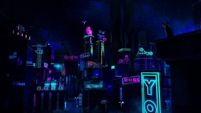 Neon Cityscape with Black Cat