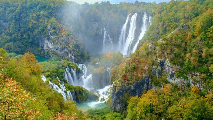 Waterfalls in Plitvice National Park, Croatia during fall