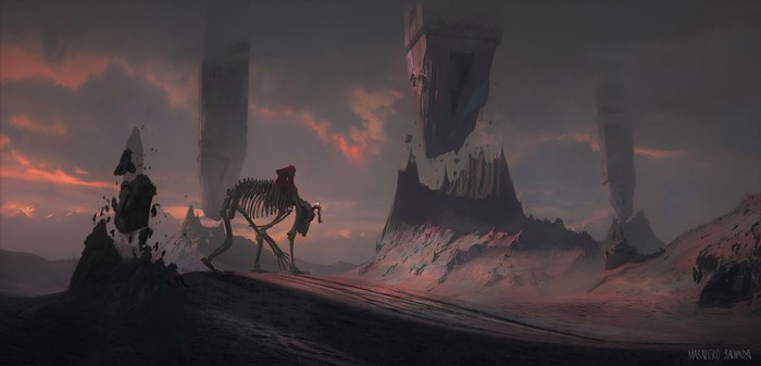 Skeleton creature on an alien world with floating structures