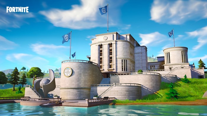 Fortnite building with flags and water