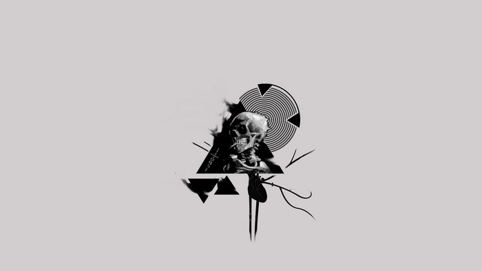 Monochrome abstract art with skull and geometric shapes