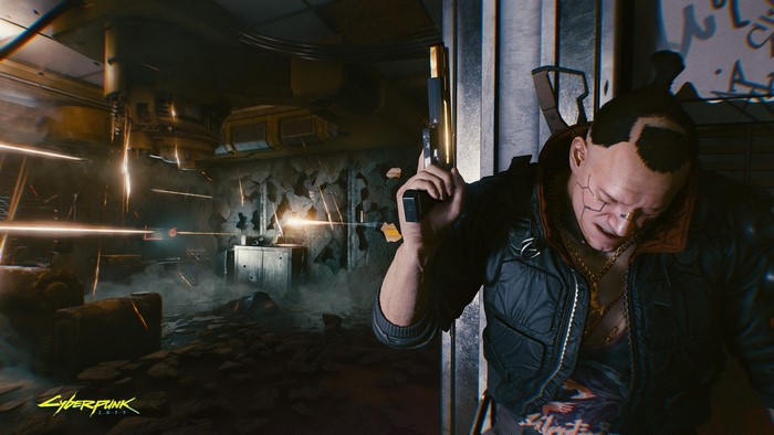Jackie Welles from Cyberpunk 2077 in a shootout