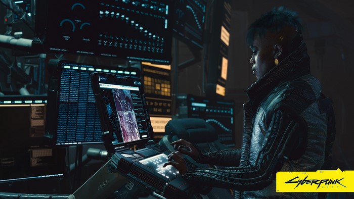Cyberpunk 2077 character at computer terminals