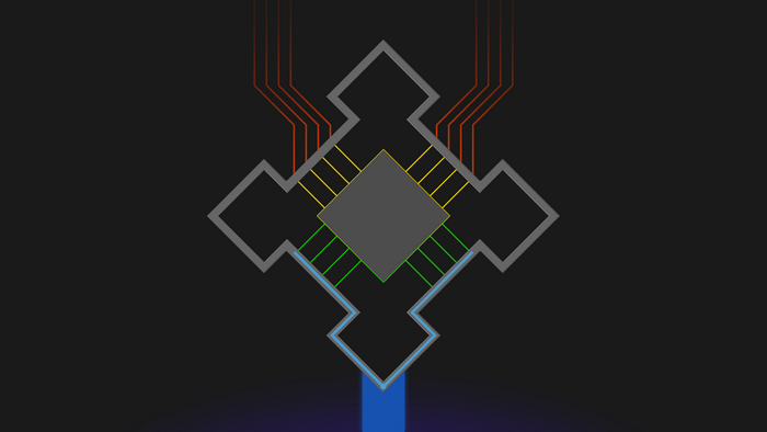 Minimalist digital art of a central processor with colorful connections