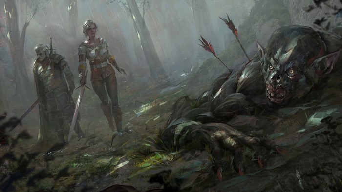 Geralt and Ciri stand over a slain monster in The Witcher 3