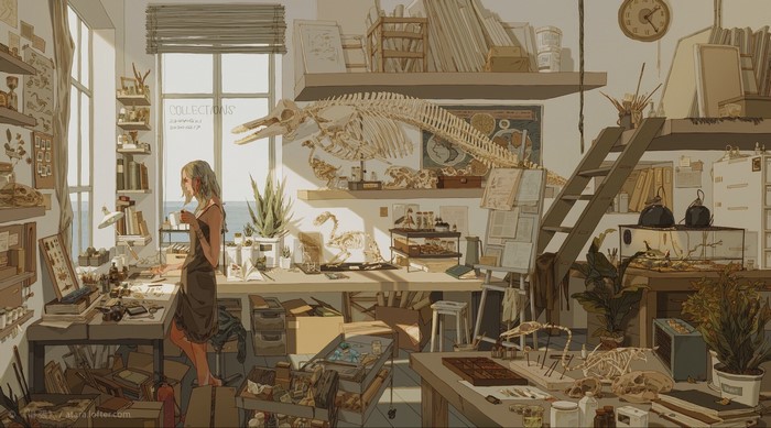 Illustration of a woman in a room filled with collections