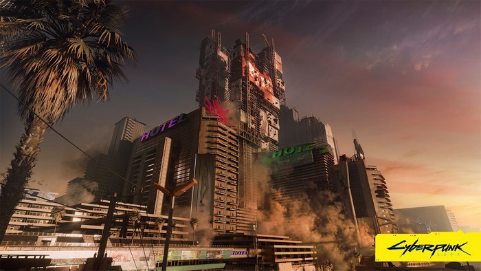 Cyberpunk 2077 cityscape with hotels and palm tree