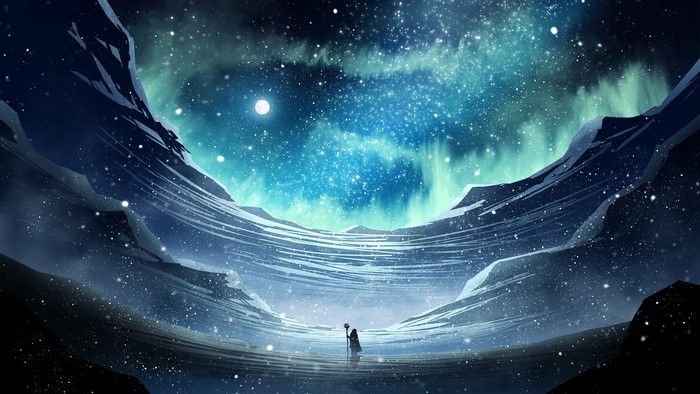 Fantasy landscape with aurora borealis and a lone figure