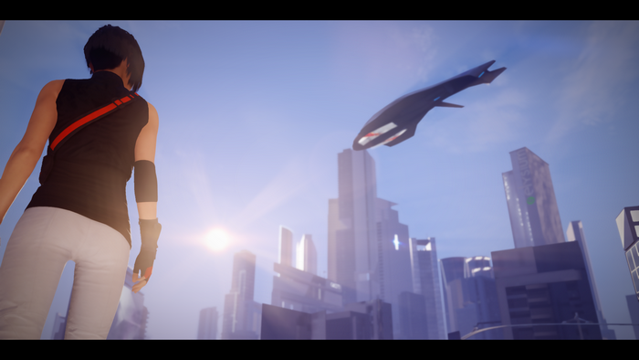 Faith Connors from Mirror's Edge Catalyst with futuristic city and vehicle