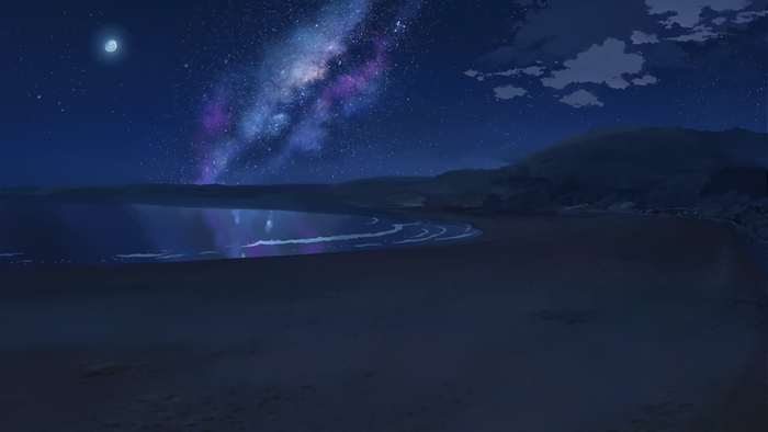 Anime beach at night with Milky Way and moon
